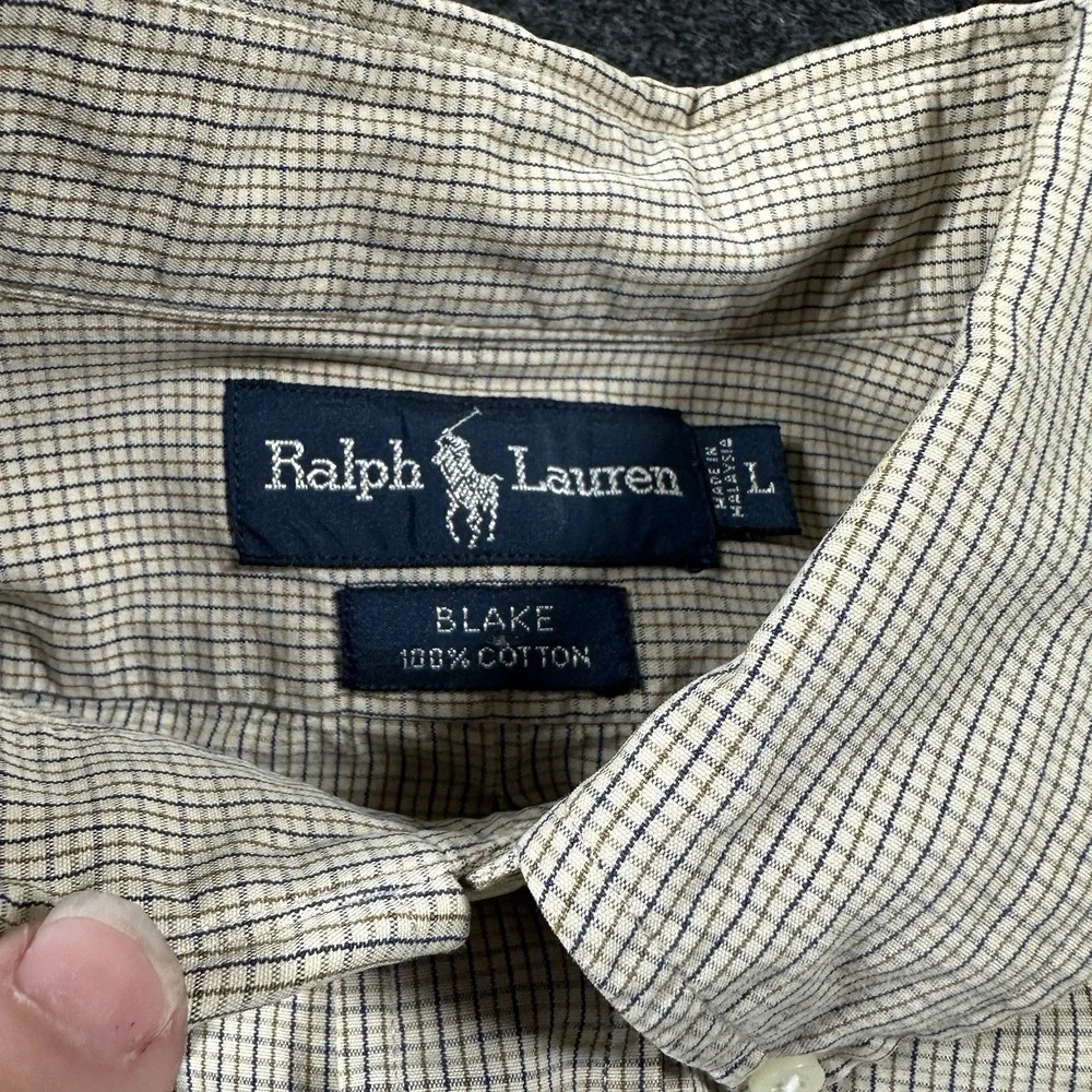 Polo Ralph Lauren Shirt Blake SZ L Tan White Striped Button Down Cotton‎ Relaxed